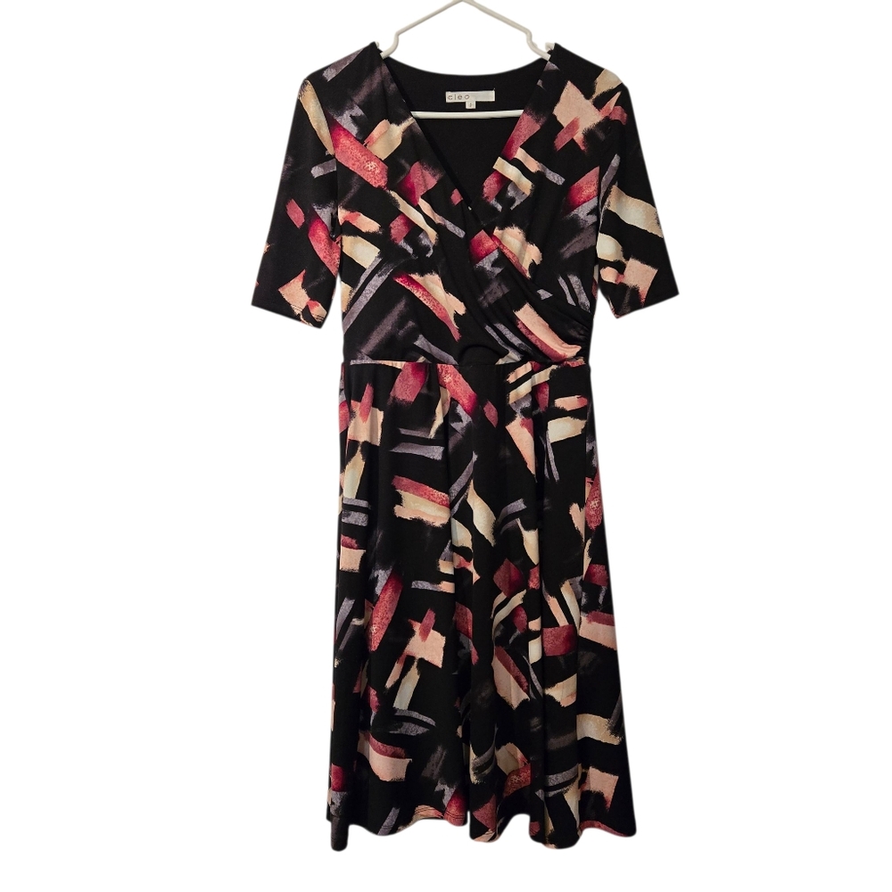 Cleo Black And Pink Abstract Faux Wrap Midi Dress Size S